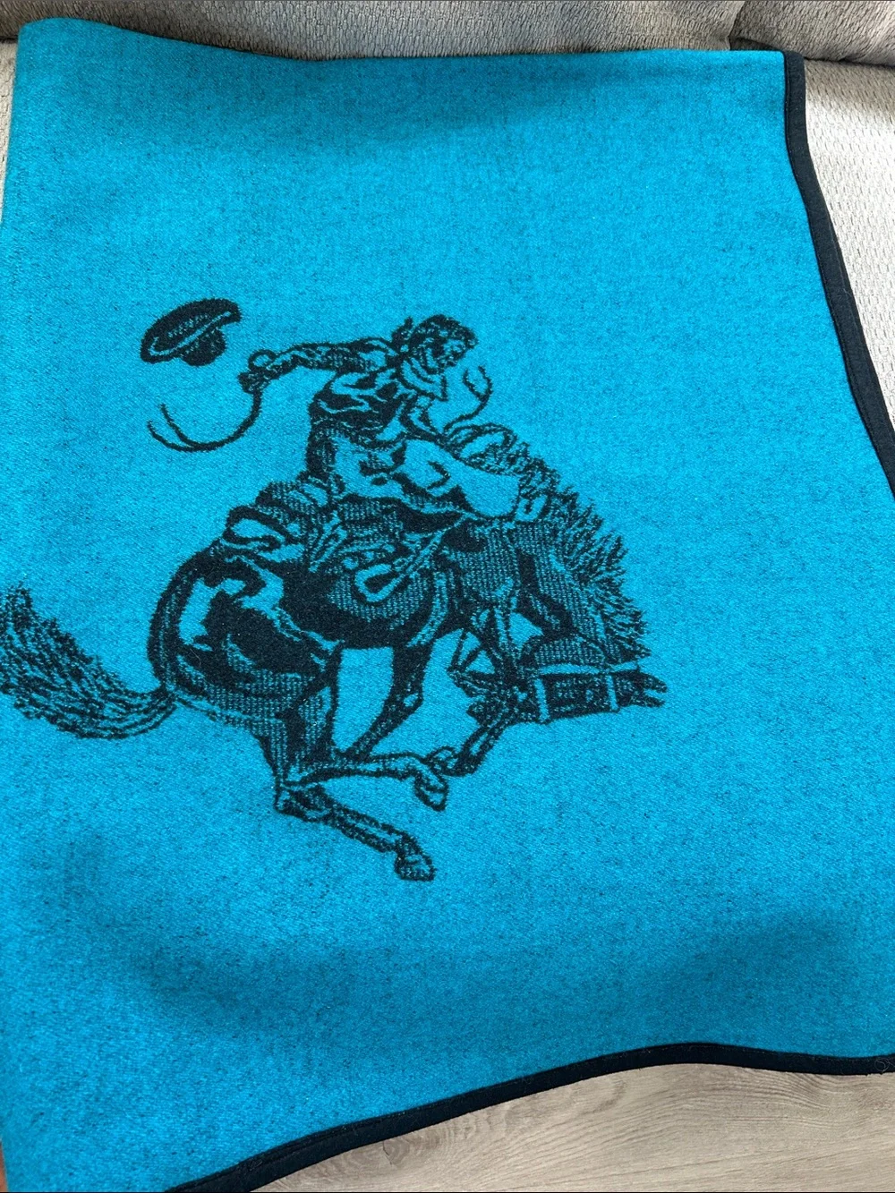 Vintage turquoise woven wool cowboy western blanket.Blue/black 90in x 60in